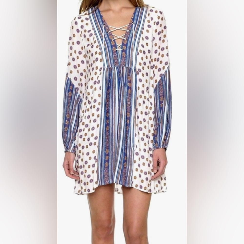 Free People Rain Shine Printed Lace-Up Swing Dress